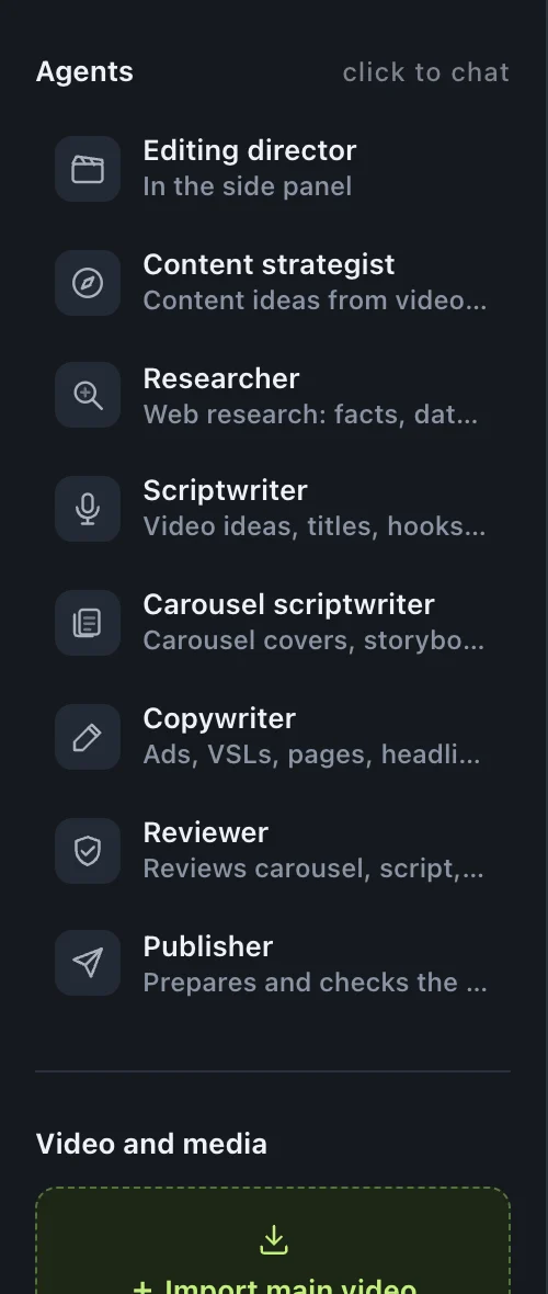 ChatCut left panel listing the agents