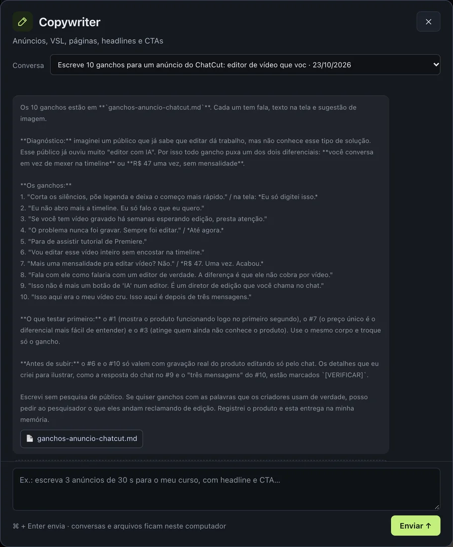 Conversa com o agente Copywriter: pedido de 10 ganchos e a resposta