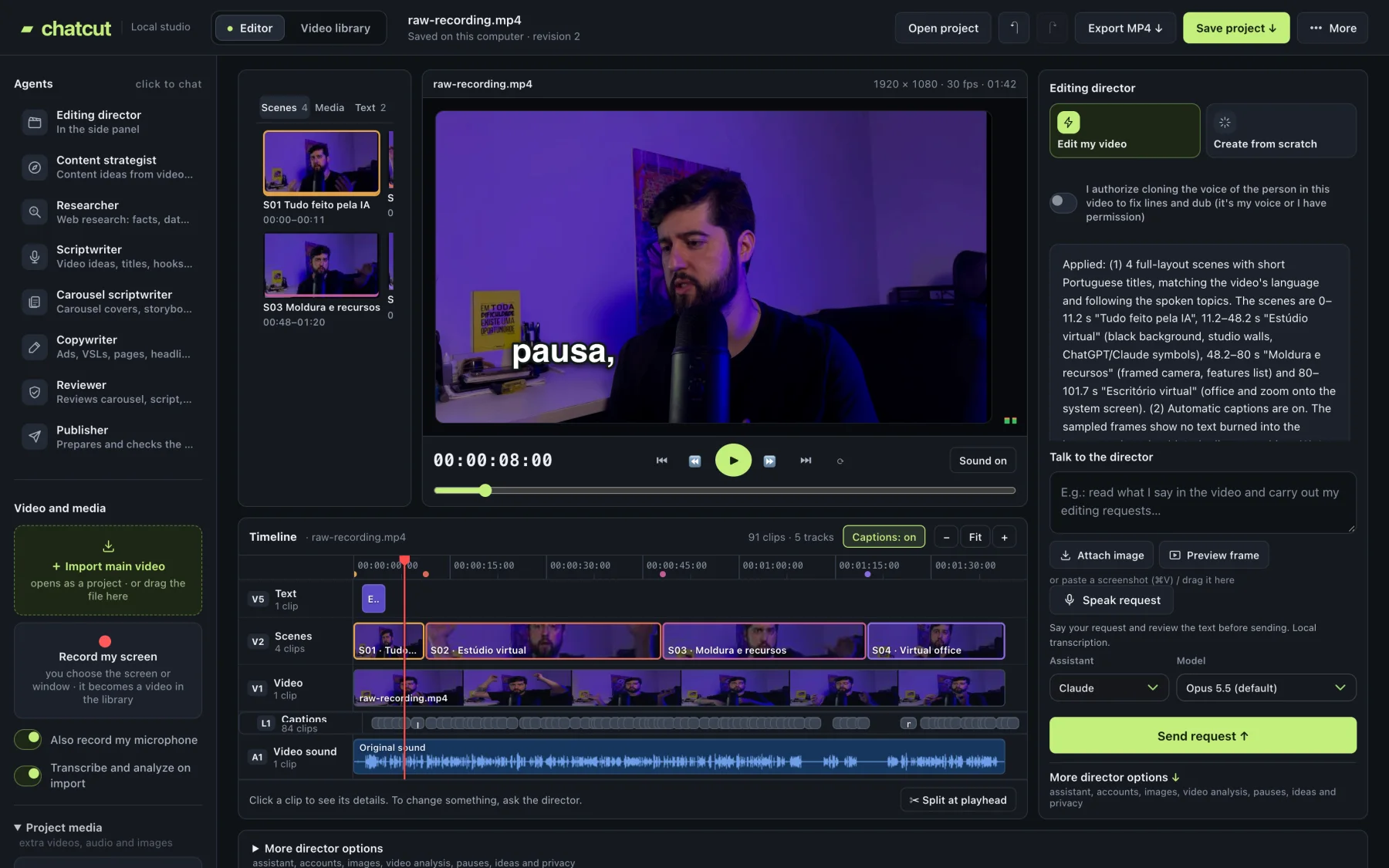 Real ChatCut screen with the director chat open next to the video preview.